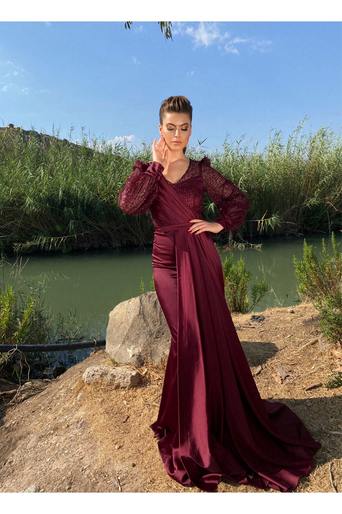 فستان سهرة Genel Markalar لون بوردو