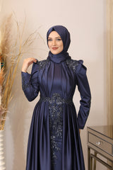 فستان سهرة PİENNAR لون أزرق غامق