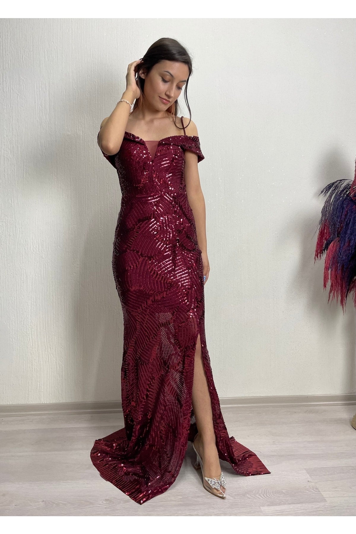 فستان سهرة Simge Moda لون بوردو