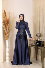 فستان سهرة PİENNAR لون أزرق غامق