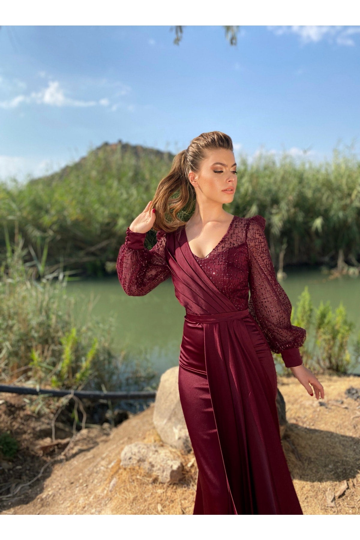 فستان سهرة Genel Markalar لون بوردو