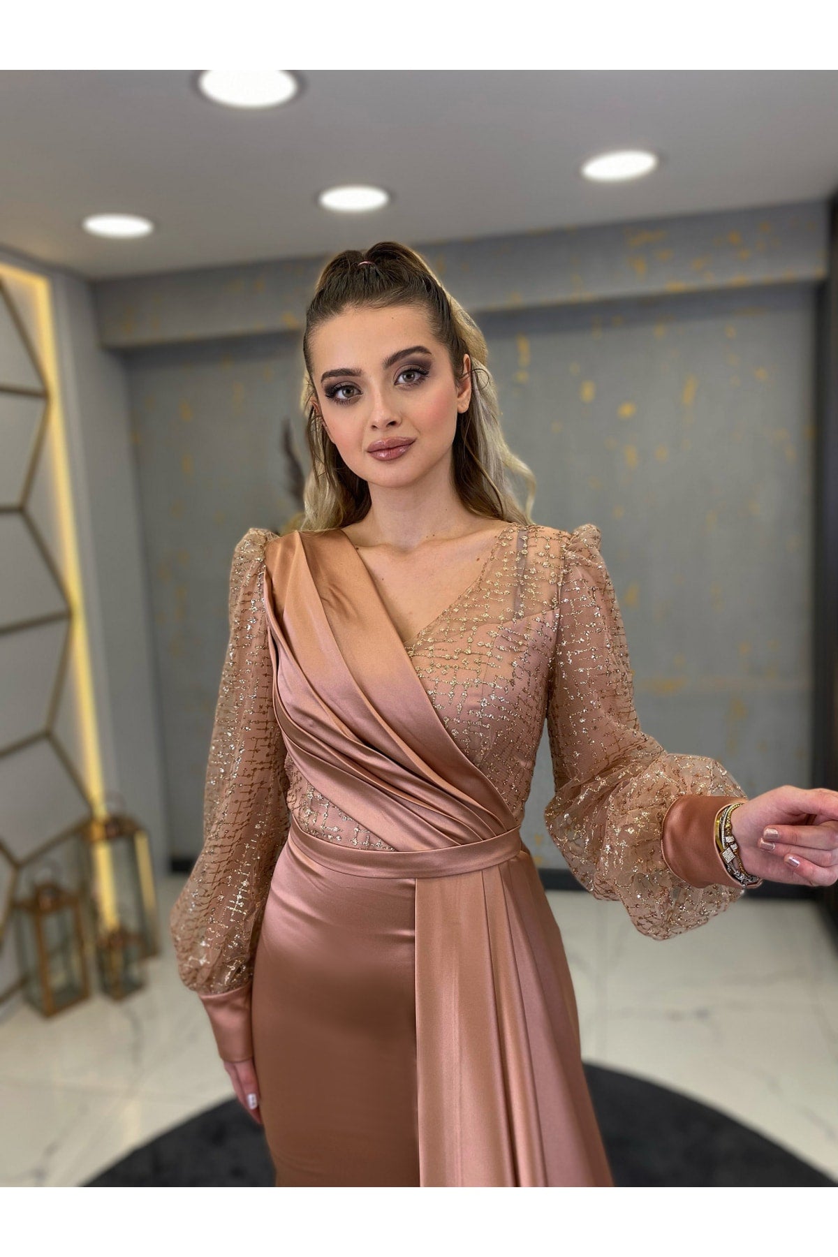 فستان سهرة PİENNAR لون بني